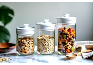 Glass Cereal Storage Jars with Pour Spout and Glass Lid