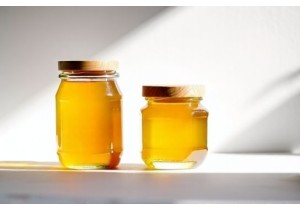 Glass Honey Jars with Bamboo Lids and Minimalist Branding Space
